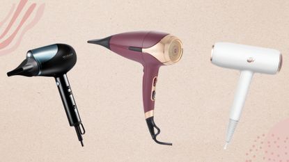 A collage featuring three of the best hair dryers for fine hair by Revamp, ghd and T3 arranged on a beige background with pink lines and dots.