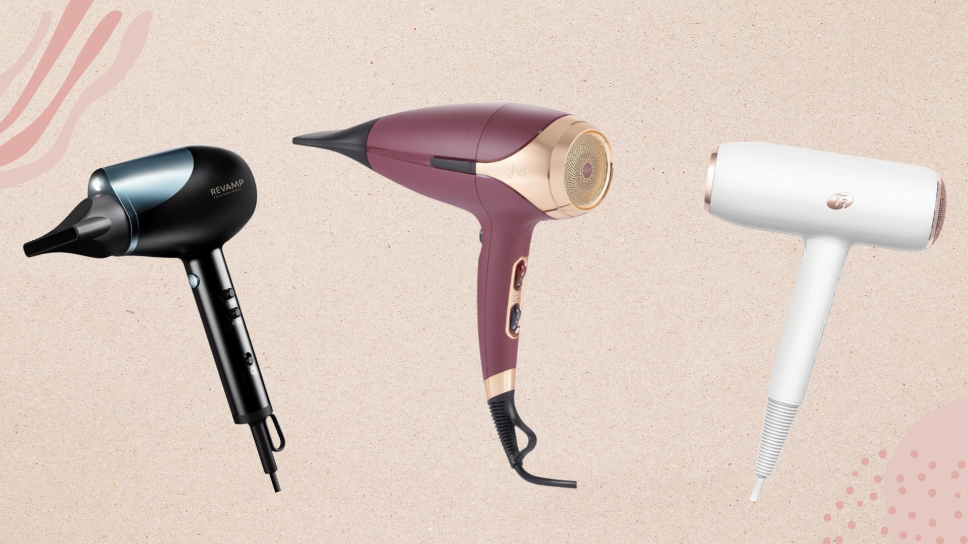 A collage featuring three of the best hair dryers for fine hair by Revamp, ghd and T3 arranged on a beige background with pink lines and dots.