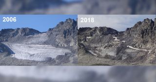 Evolution of Pizol glacier between 2006 and 2018. This small glacier is very likely to disappear in the near future.