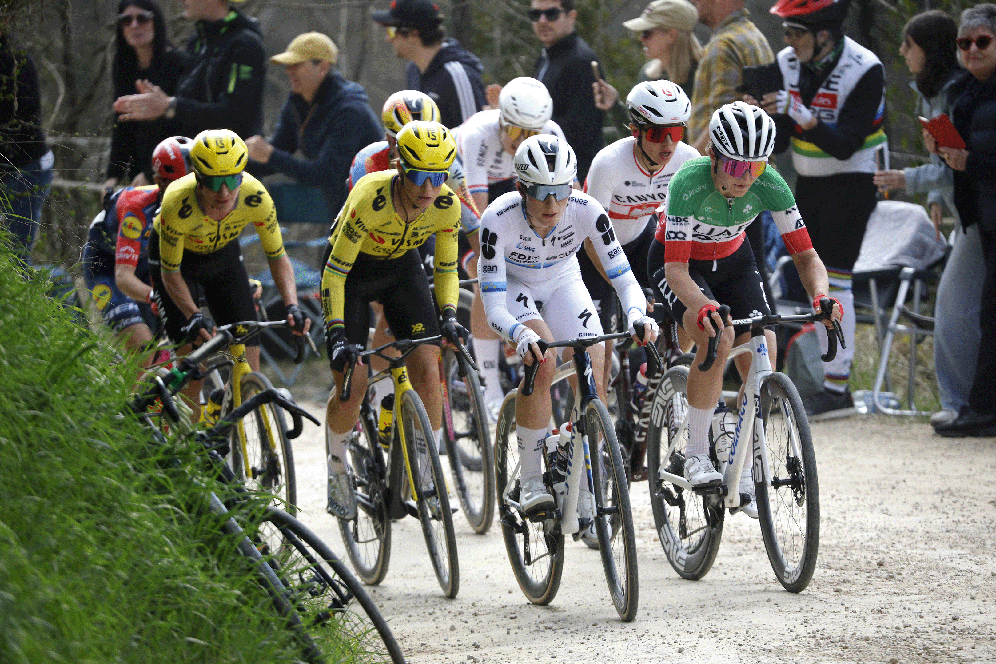 Pauline Ferrand-Prevot of France and Team Visma | Lease a Bike, Demi Vollering of Netherlands and Team FDJ United - SUEZ and Elisa Longo Borghini of Italy and UAE Team ADQ compete during to the 12th Strade Bianche Donne 2026 a 133km one day race from Siena to Siena / #UCIWWT / on March 07, 2026 in Siena, Italy. (Photo by Massimo Fulgenzi - Pool/Getty Images)