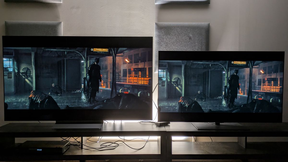 LG C6 (left) and LG G5 (right) with a scene from The Batman on-screen. Both TVs have great contrast, but the C6 looks a bit more natural