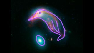 An image of two galaxies that form an optical illusion of a penguin guarding an egg