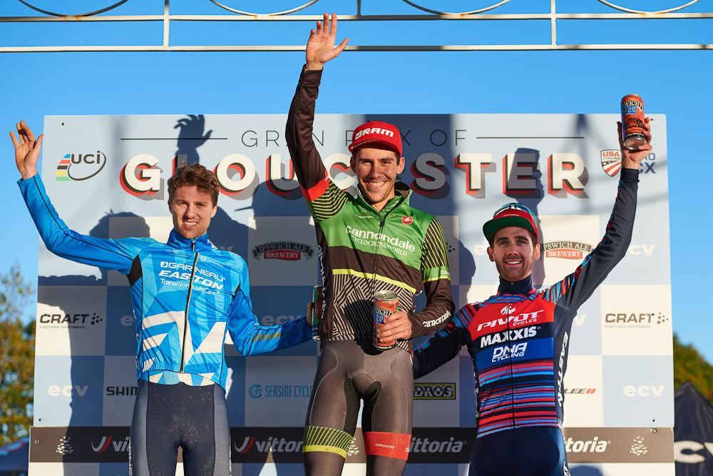 The men's podium from day 1 at Gran Prix of Gloucester: Kisseberth, White and Driscoll