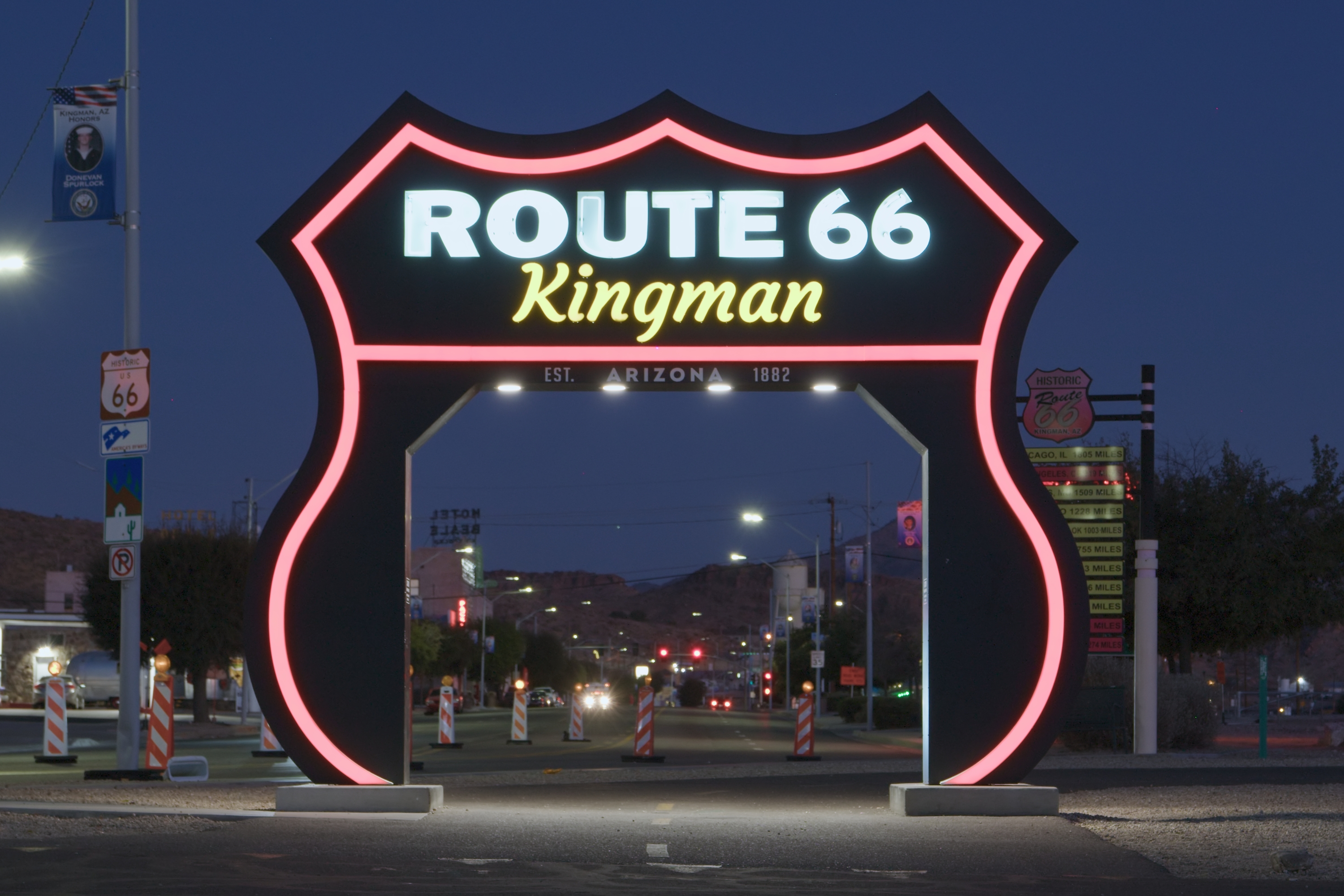 Glowing Drive Through Route 66 Sign in Kingman, AZ