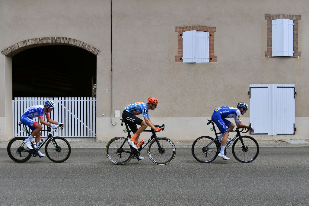 CHARTREUSE FRANCE AUGUST 13 Bruno Armirail of France and Team Groupama FDJ Michael Schar of Switzerland and CCC Team Polka Dot Mountain Jersey Kasper Asgreen of Denmark and Team Deceuninck QuickStep Breakaway during the 72nd Criterium du Dauphine 2020 Stage 2 a 135km stage from Vienne to Col de PorteChartreuse 1316m dauphine Dauphin on August 13 2020 in Chartreuse France Photo by Justin SetterfieldGetty Images