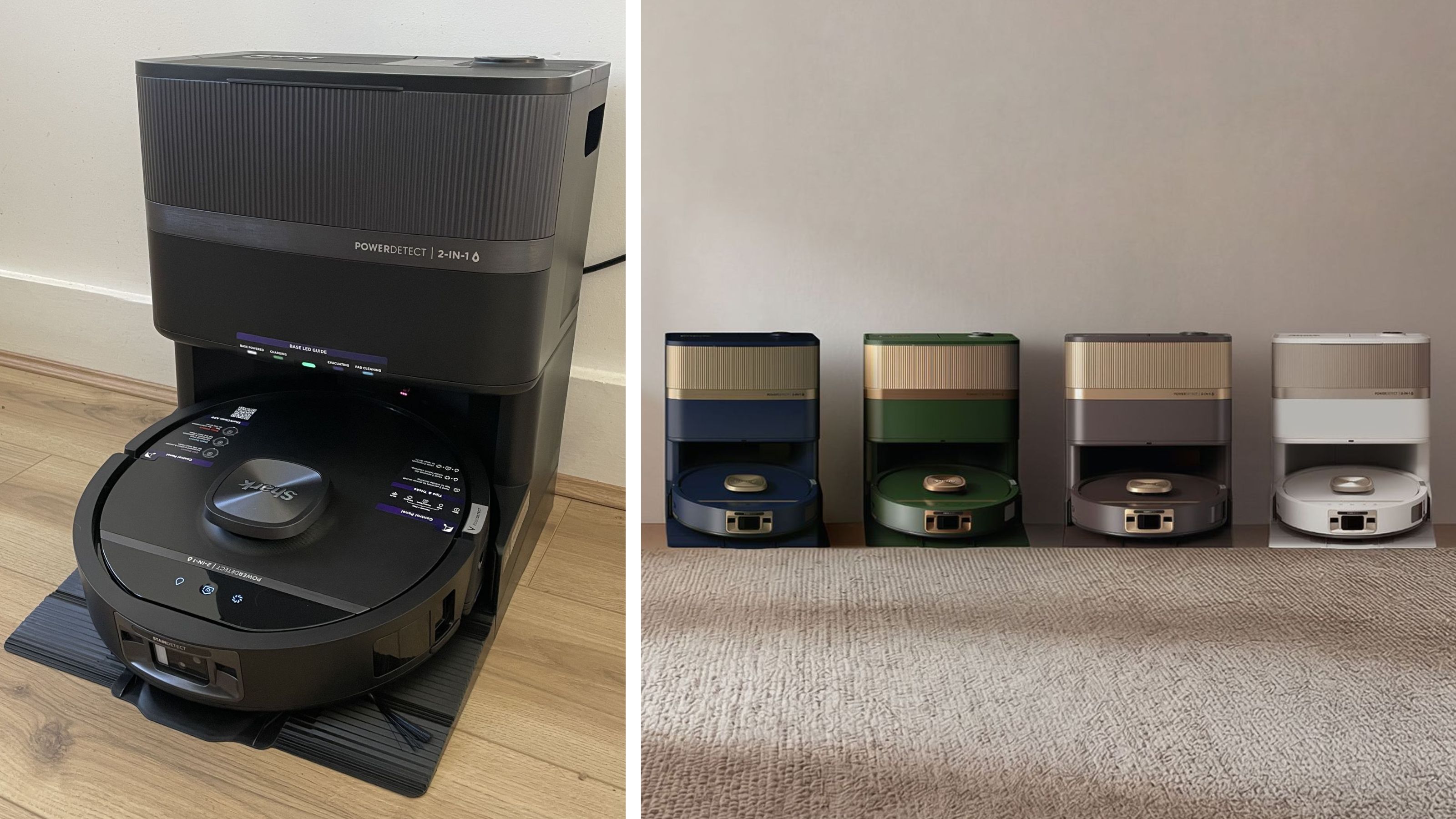 Black Shark UV Reveal robot vacuum sitting on wooden flooring on the left, and four new colourways of the same robot vacuum on the right