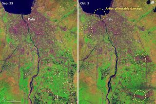 Devastation in Palu after a landslide swept beneath the region following an earthquake. The Operational Land Imager on the Landsat 8 satellite took these before and after images on Sept. 23 and Oct. 2, 2018.