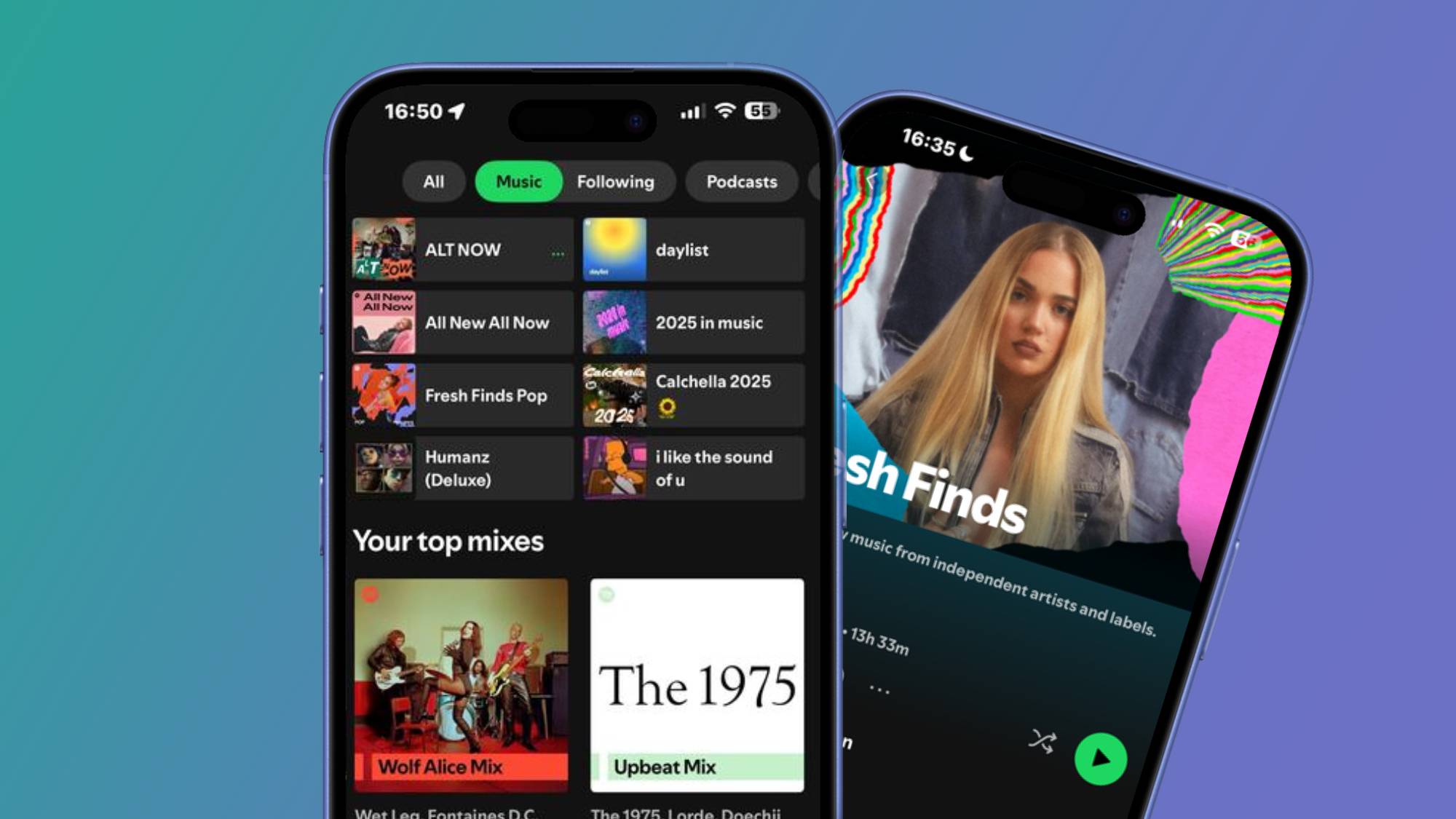 Image of the Spotify Home page next to a Fresh Finds playlist