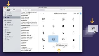 Font Book This app contains a repertoire of every character included in a font, which you can then drag-and-drop into Sketch