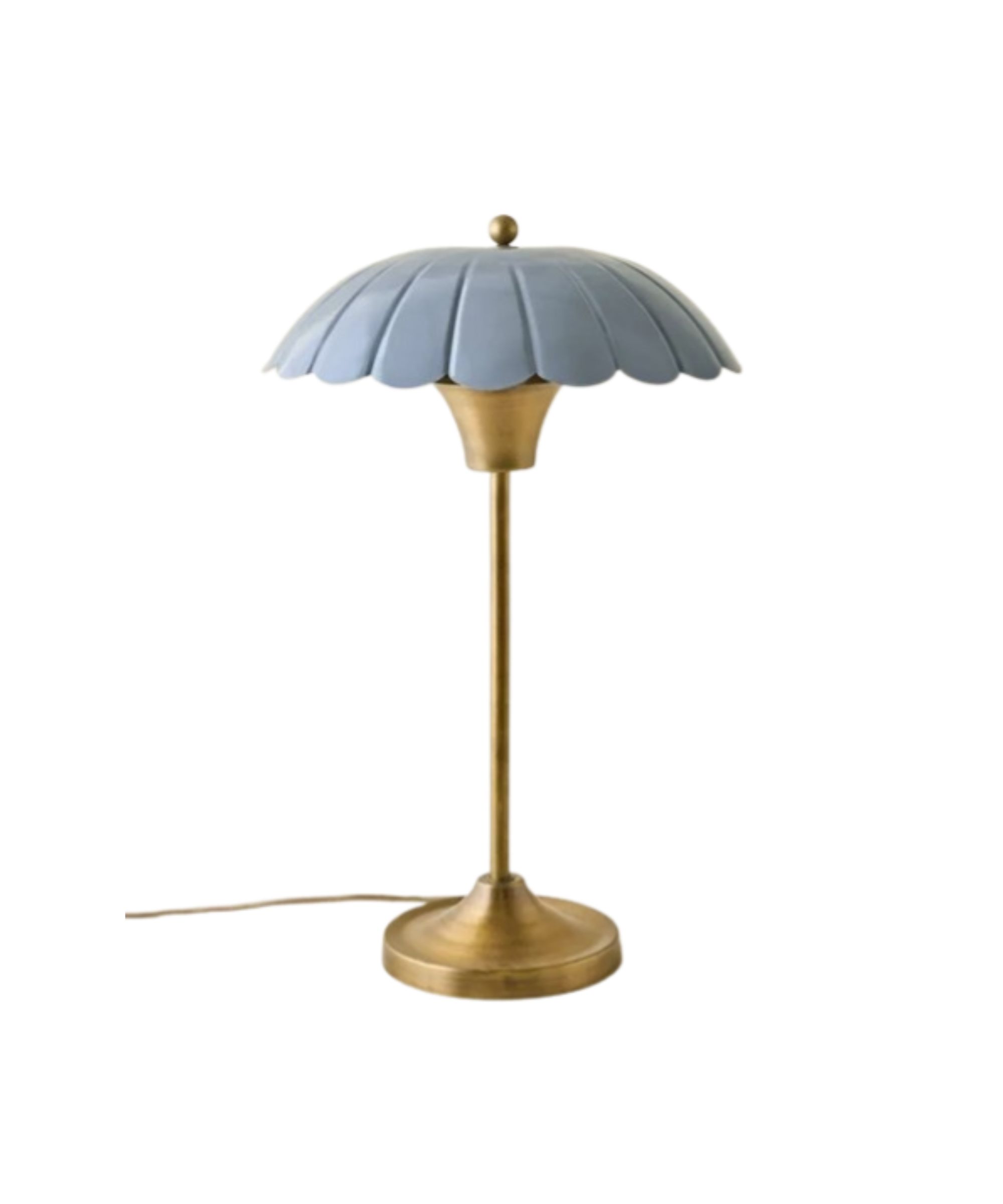 A gold stemmed lamp with a blue umbrella style top