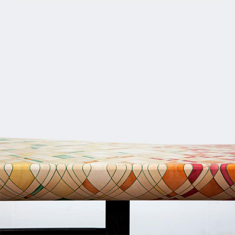 The wood for 'Endgrain' is soaked in dye before being glued together, resulting in its kaleidoscopic of colour