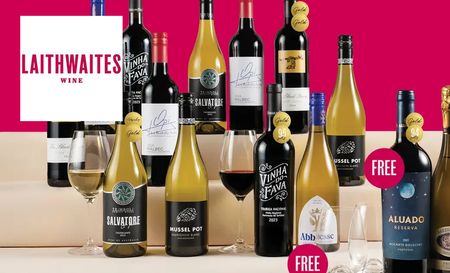 Laithwaites wine logo top left with a collection of wines