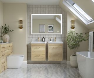 bathroom with double wooden finished vanity units and two sinks