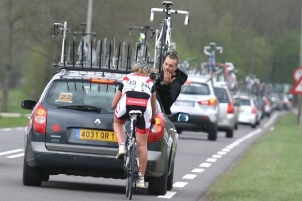 Julia Garnet (Canada) in the caravan with her team car.