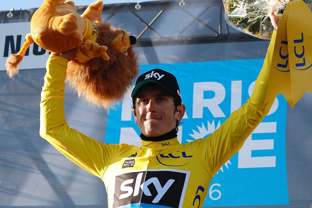 Geraint Thomas in yellow on the stage 6 podium at Paris-Nice