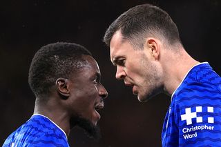MANCHESTER, ENGLAND - NOVEMBER 24: Idrissa Gueye of Everton clashes with teammate Michael Keane resulting in a red card for Gueye during the Premier League match between Manchester United and Everton at Old Trafford on November 24, 2025 in Manchester, England. (Photo by Simon Stacpoole/Offside/Offside via Getty Images)