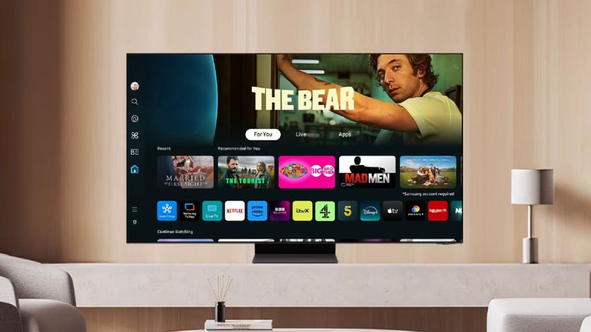 Samsung Tizen 9.0 on TV on stand in living room
