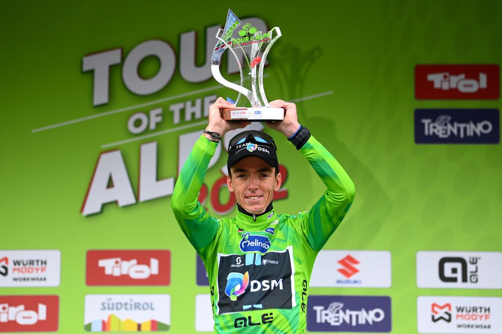 LIENZ AUSTRIA APRIL 22 Romain Bardet of France and Team DSM celebrates at podium with race trophy as Green Leader Jersey and final overall winner during the 45th Tour of the Alps 2022 Stage 5 a 1145km stage from Lienz to Lienz TouroftheAlps on April 22 2022 in Lienz Austria Photo by Tim de WaeleGetty Images