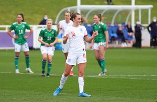 Ella Toone of England celebrates after scoring their team's sixth goal during the Women's International Friendly match between England and Northern Ireland at St George's Park on February 23, 2021 in Burton upon Trent, England. (Photo by Catherine Ivill - The FA/The FA via Getty Images)