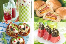 A selection of picnic food ideas including layered rolls, muffin pizzas and chocolate watermelon