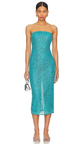 turquoise strapless midi dress