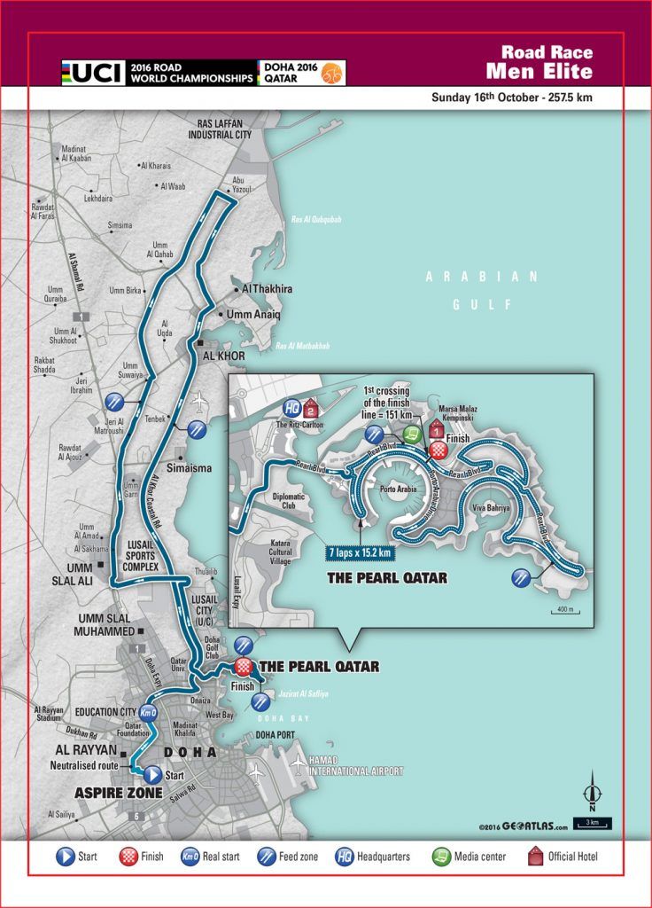The elite men's road race course in the 2016 World Championships in Doha