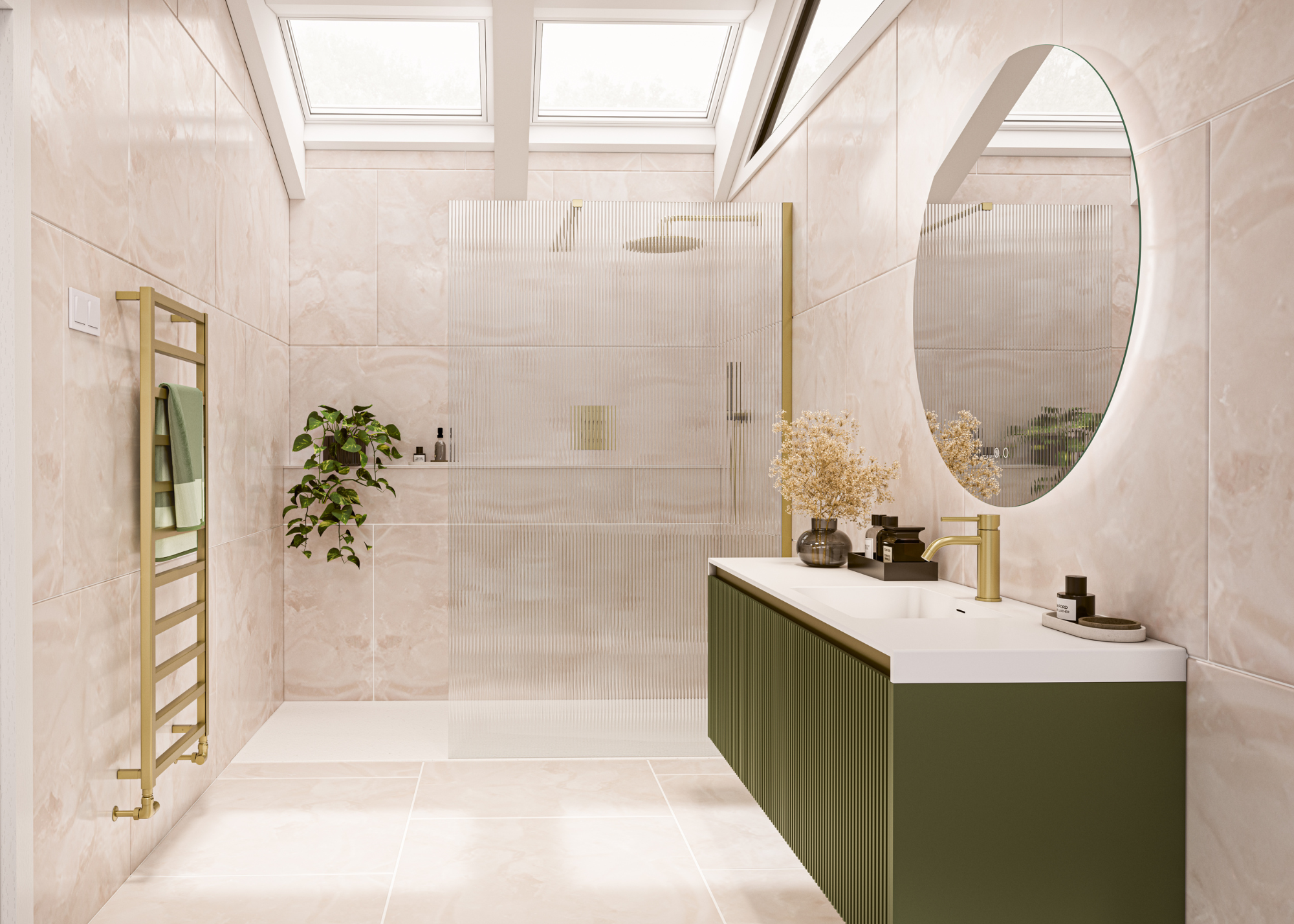 bright light bathroom with a reeded glass partition