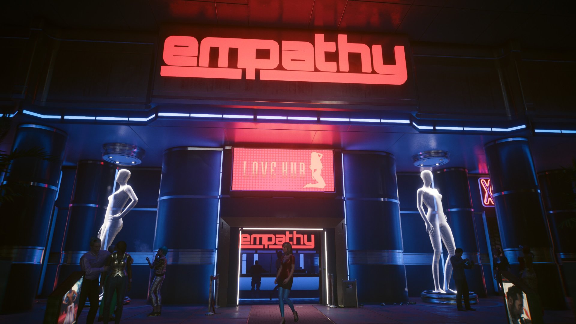 Cyberpunk 2077 screenshot of the outside entrance of club Empathy which is lit up with neon signs and mannequin-like holographic figures during the gig Lack of Empathy