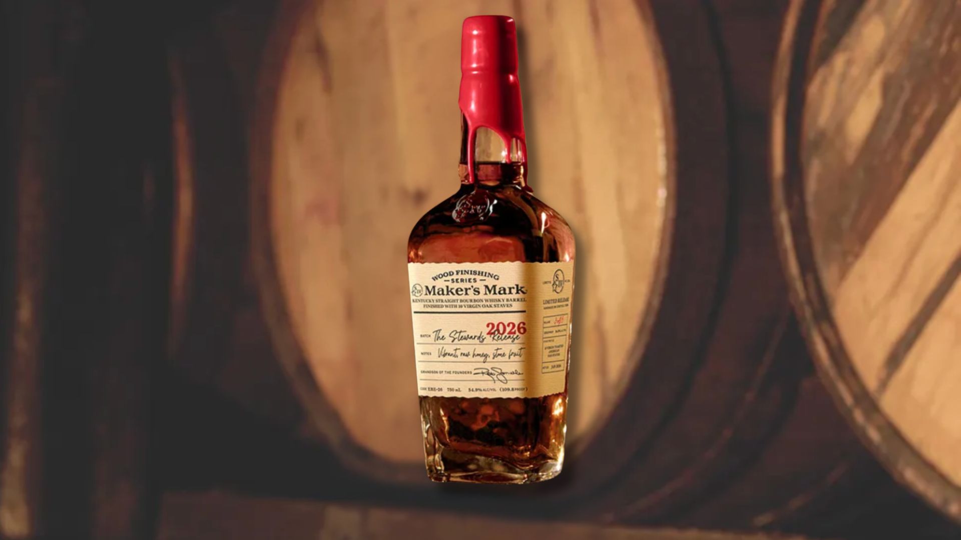 an image of the Steward's Release from the Wood Finish series against a background of wood barrels