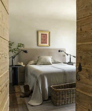 natural bedroom with wicker basket