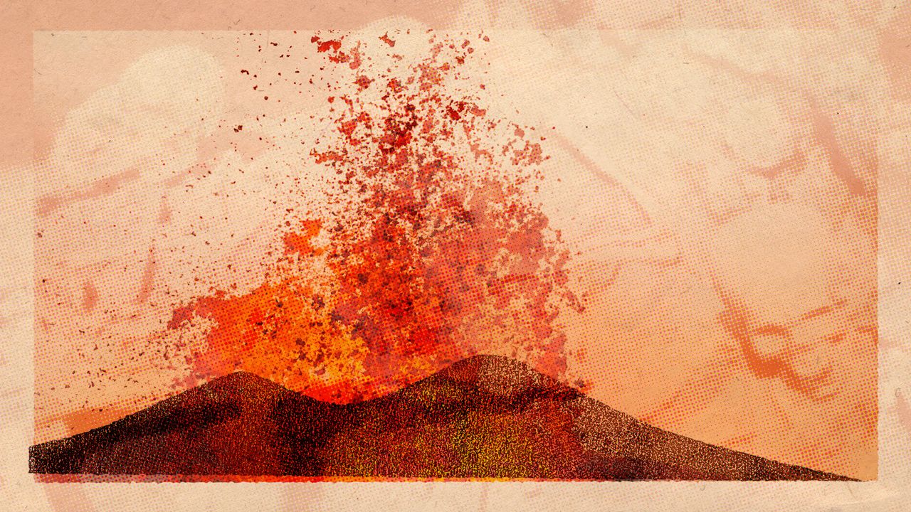 Photo collage of the shape of Mount Vesuvius, exploding magma, and an overlay of archaeological finds from Pompeii.