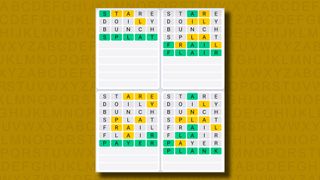 Quordle Daily Sequence answers for game 1022 on a yellow background