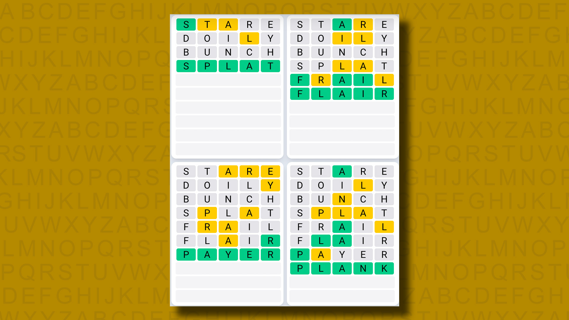 پاسخ Quordle Daily Sequence برای بازی 1022 در پس زمینه زرد