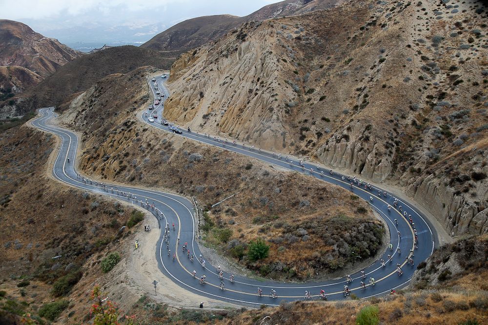 The peloton descends Grimes Canyon Road during stage five of the 2015 Amgen Tour of California