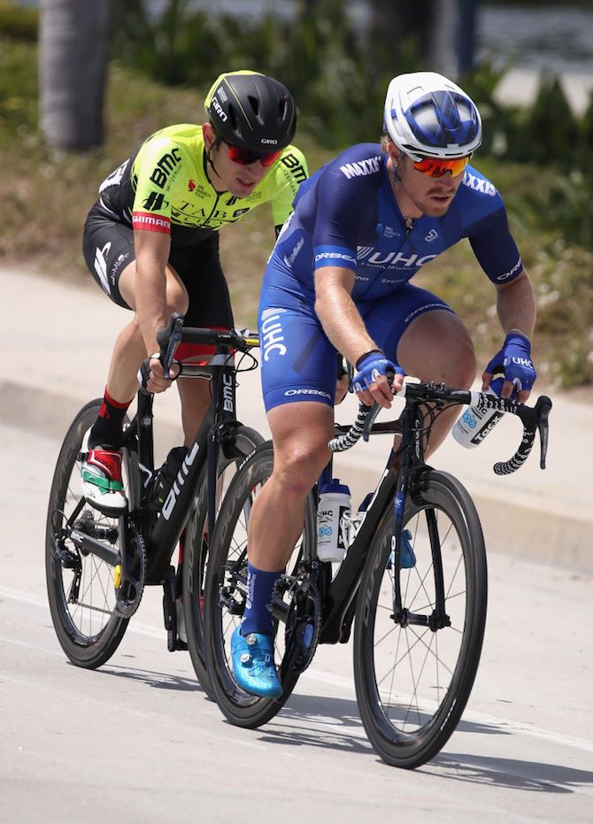 Andrei Krasilnikau and Tanner Putt in the break on stage 1 of the Tour of California 2018