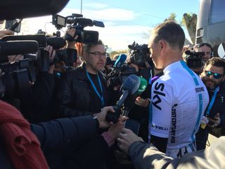 Chris Froome spoke outside the Team Sky bus before stage 1 of the Ruta del Sol
