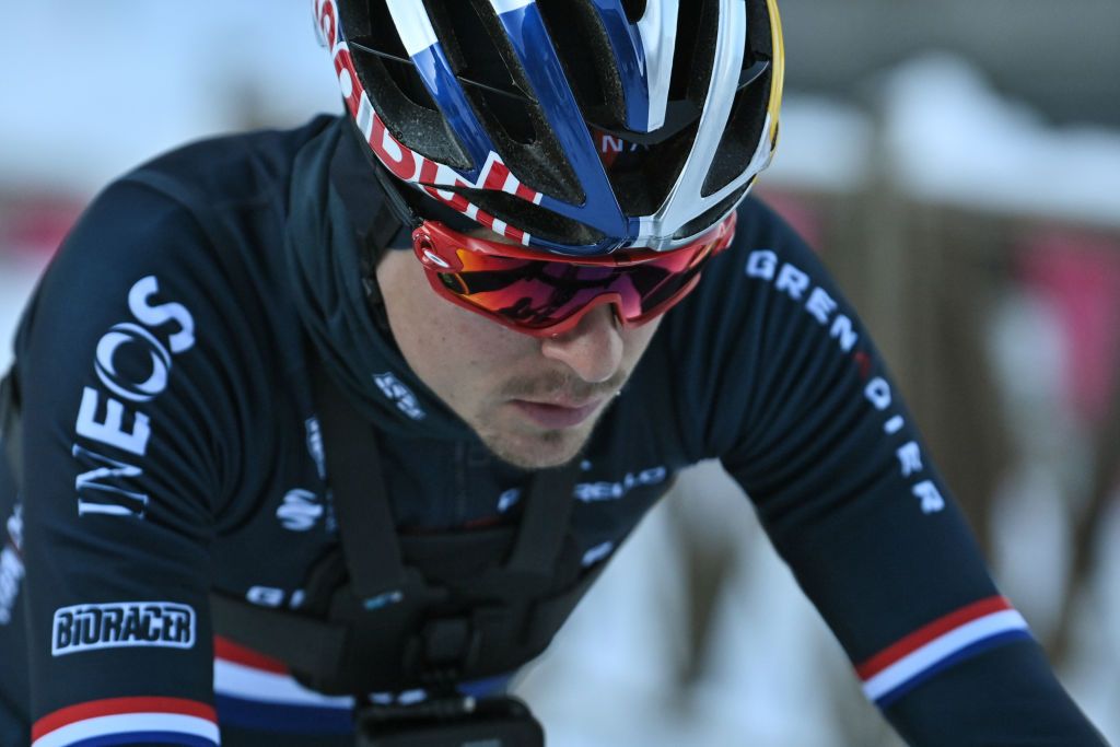 British Thomas Pidcock pictured in action during the track reconaissance ahead of the Cyclocross World Cup race in Val di Sole Italy Saturday 11 December 2021 stage ten out of 16 in the World Cup of the 20212022 season BELGA PHOTO DAVID STOCKMAN Photo by DAVID STOCKMANBELGA MAGAFP via Getty Images