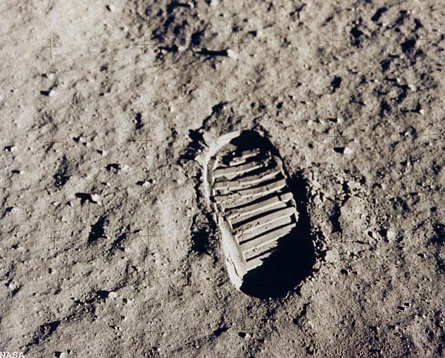 Neil Armstrong&#039;s footprint on the moon as the first human to set foot on the lunar surface as a member of the Apollo 11 crew.