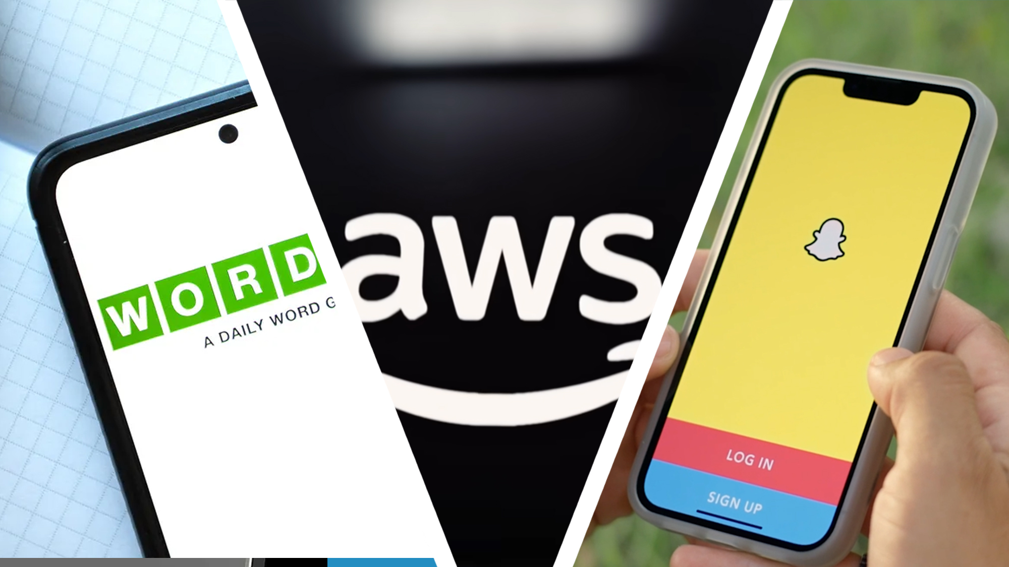 A phone showing the Wordle game next to the AWS logo and hands holding a phone running the Snapchat app