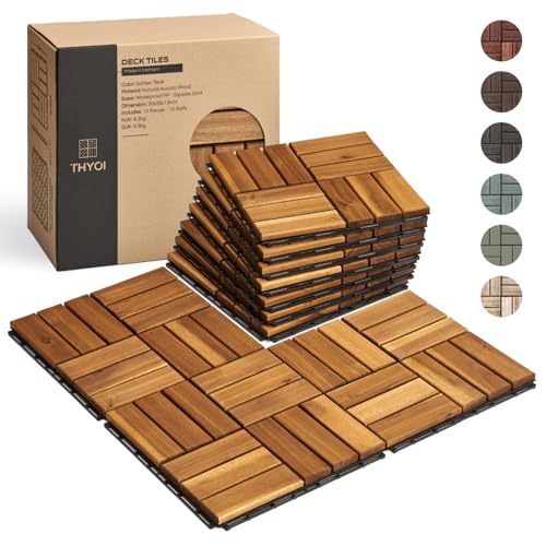 Thyoi 10 Pcs Deck Tiles, Patio Flooring - Outdoor Waterproof Acacia Wood Tiles for All Weather Use - Balcony, Backyard, Indoor &amp;amp; Outdoor (golden Teak Crossed Pattern, 10 Square Ft)
