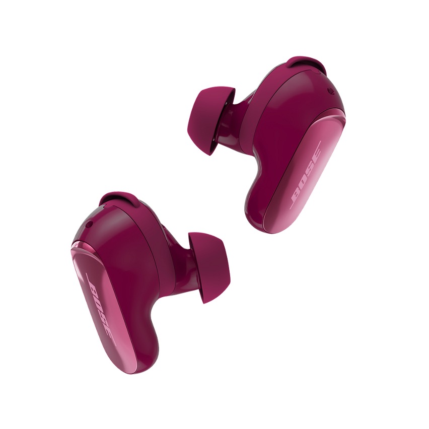 The Bose QuietComfort Ultra Earbuds (2nd Gen) in a Deep Plum finish on a white background.