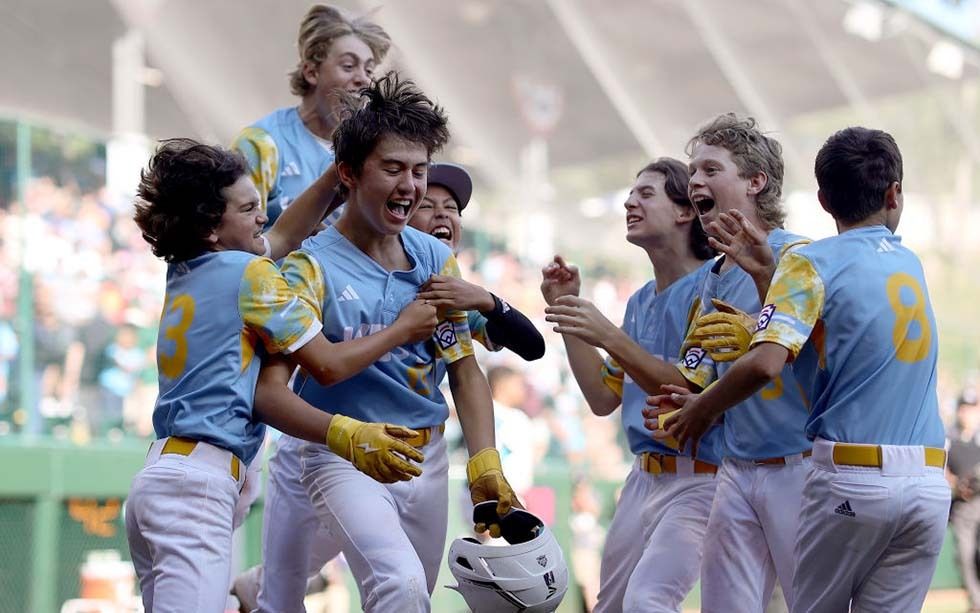 Louis Lappe #19 of the West Region team from El Segundo, California celebrates with teammates after hitting a walk-off home run to defeat the Caribbean Region team from Willemstad, Curacao during the Little League World Series Championship Game on August 27, 2023 