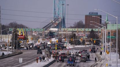 Truck drivers block a bridge in Canada.