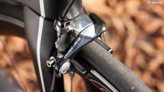 Direct-mount Dura-Ace anchors can be found both front and rear, with the back one seatstay-mounted for easier maintenance