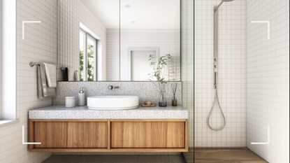 modern bathroom with white tiled with sinks and shower cubicle making how to clean a shower important