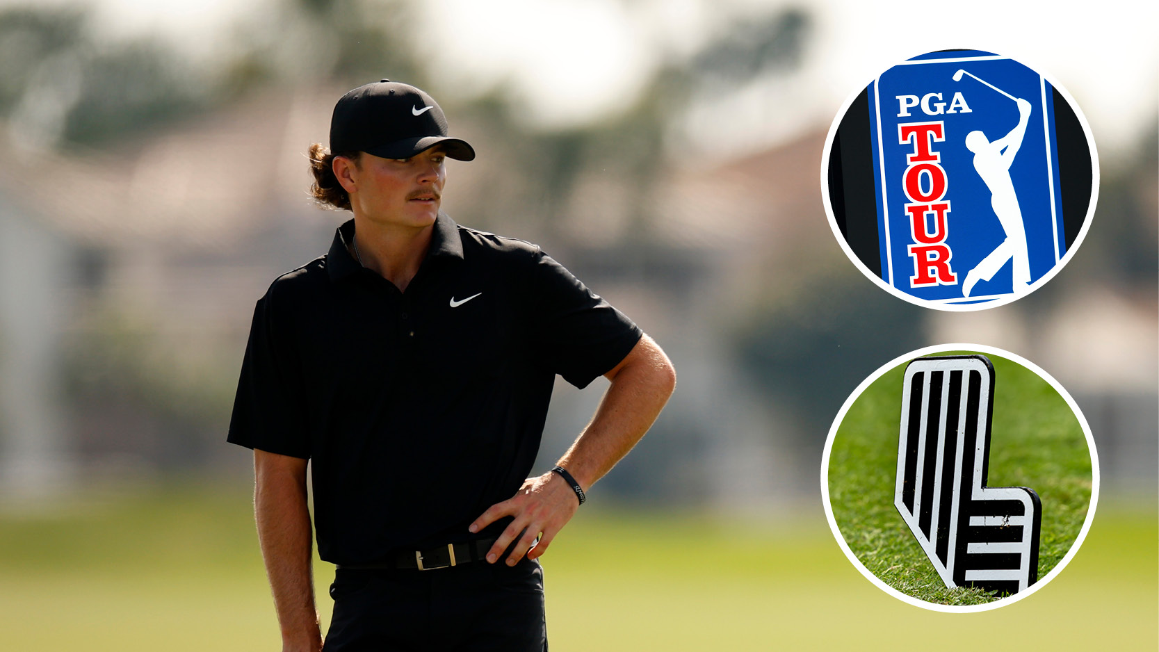 Luke Clanton looks to the right with inset photos of the PGA Tour logo (top right) and LIV Golf logo (bottom right)