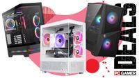 Three gaming PCs on a custom PC Gamer Deals background.