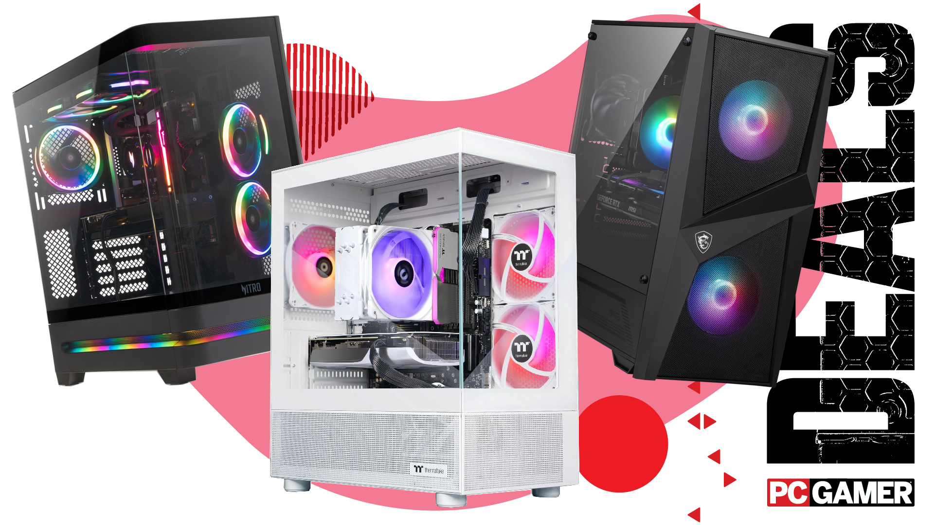 Three gaming PCs on a custom PC Gamer Deals background.