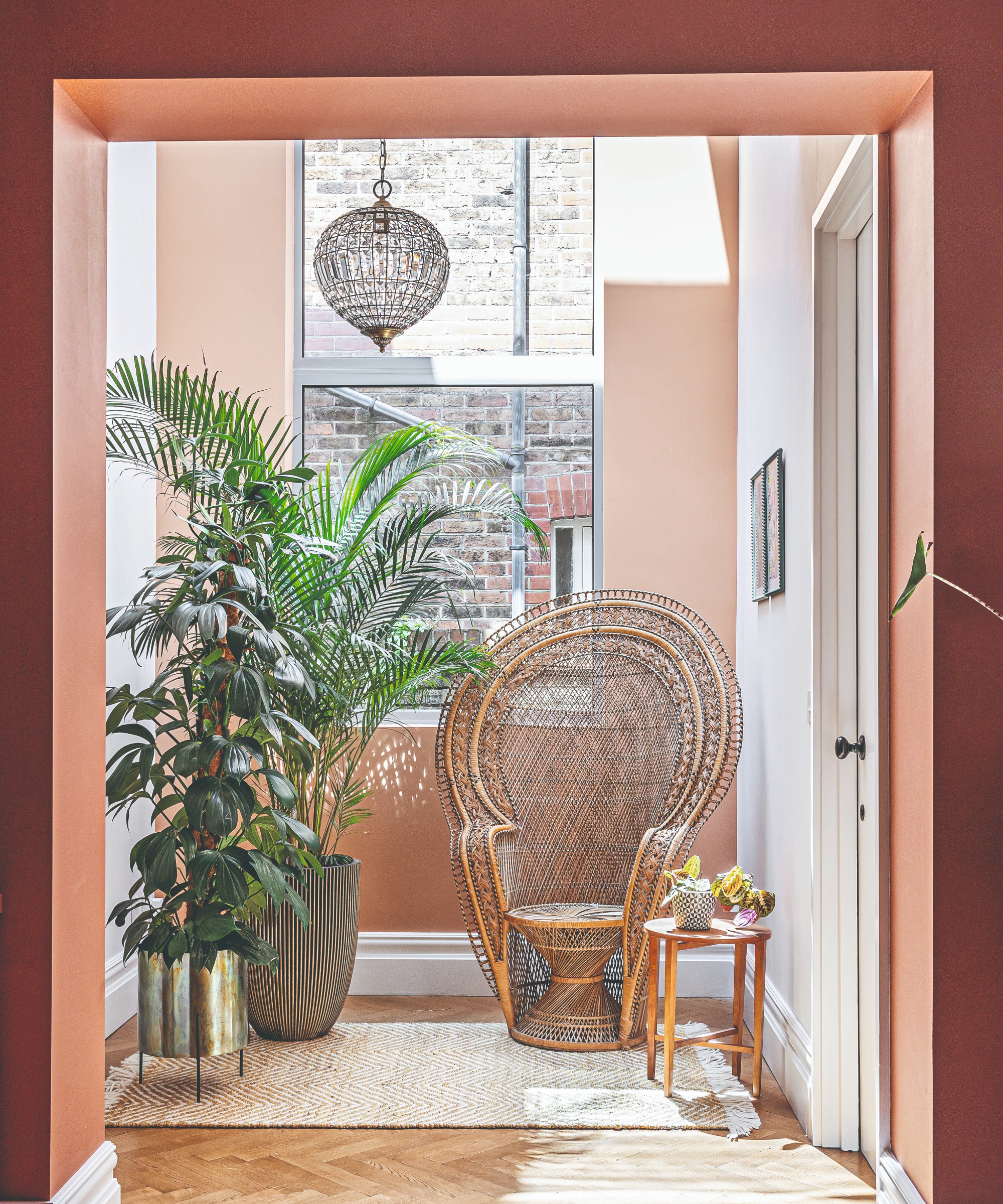 A pink-painted nook with large plants and a rattan chair with a door opening painted in terracotta red