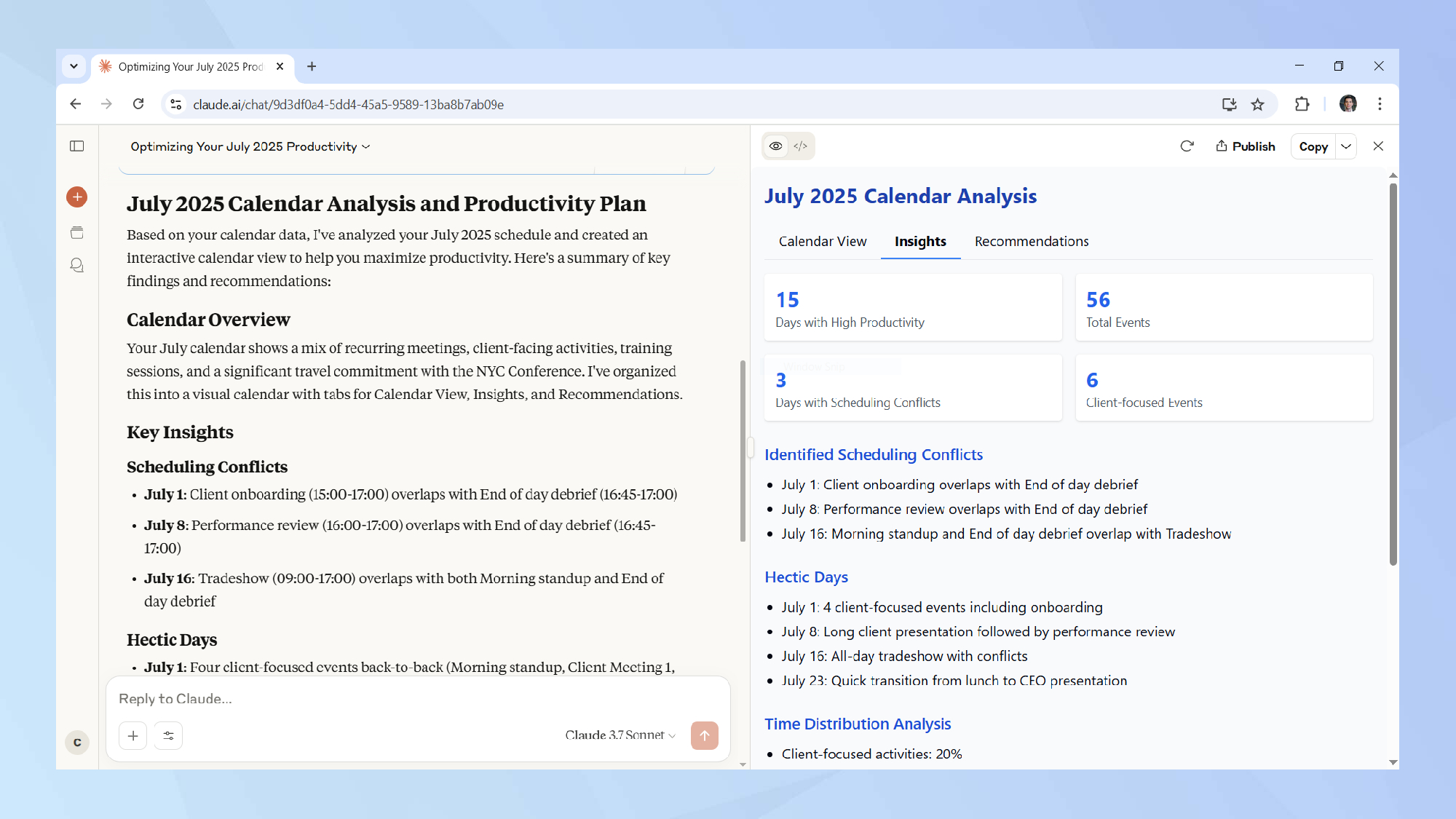 Claude Calendar analysis prompt